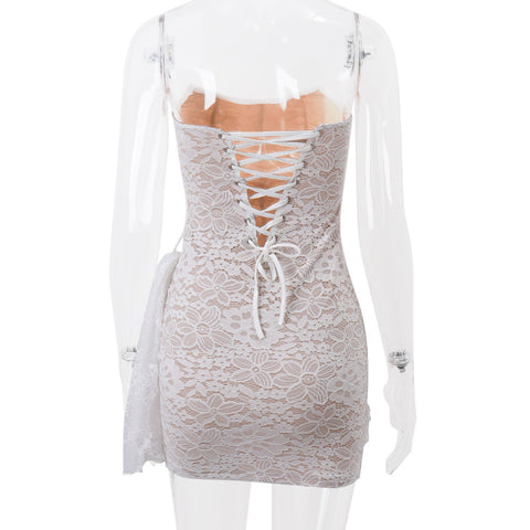 Lace Pattern Tied Slim Fit Mesh Tube Top Dress Women