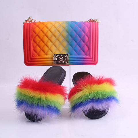Summer Ladies Plush Slippers Jelly Bag Set