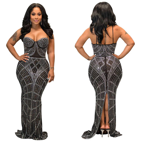 Women's Solid Color Rhinestone Mesh Sleeveless Shoulder Strap Dress