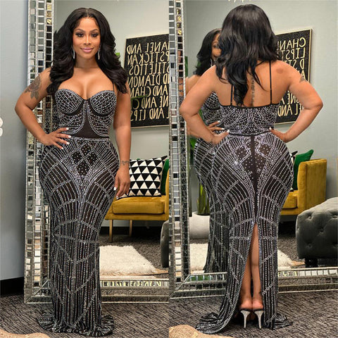 Women's Solid Color Rhinestone Mesh Sleeveless Shoulder Strap Dress