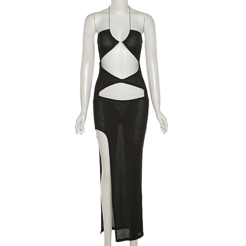 New Women's Lace-up Halter Neck Sexy Hollow Fashion Split Hip Dress