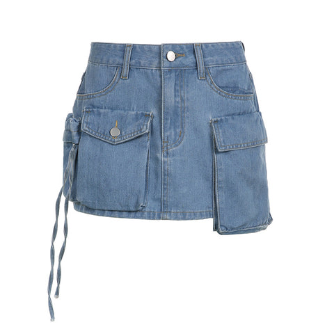 Women's Fashion Color Contrast Washing Tooling Denim Skirt