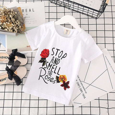 Summer New Korean Style Girls' Fashionable Embroidered Rose Short-sleeved T-shirt Denim Skirt Suit Two-piece Set
