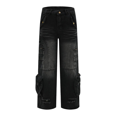 Washed Hole Denim Overalls Men