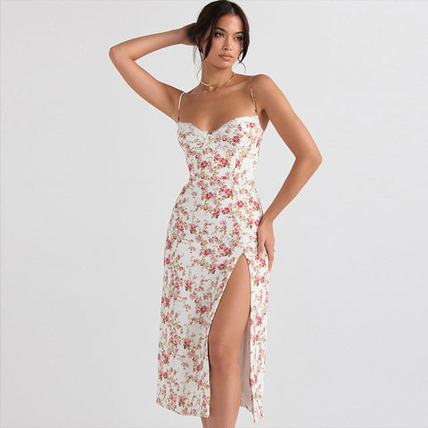 Lace Flowers Print Long Dress Sexy Fashion Slit Suspender Dress Summer Women's Clothing