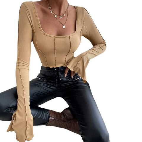 Spring And Summer New Slim Fit Long Sleeve Square-neck Pullover Knitted Top Women