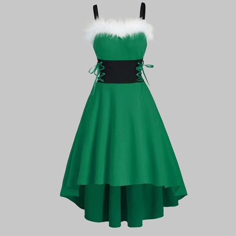 Women's Christmas Long Sleeved Plush High And Low Deep V Off Shoulder Big Swing Dress