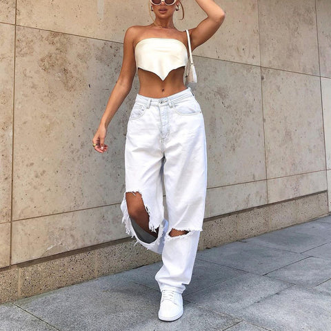 Women's Europe And America Big Hole White Jeans Lady