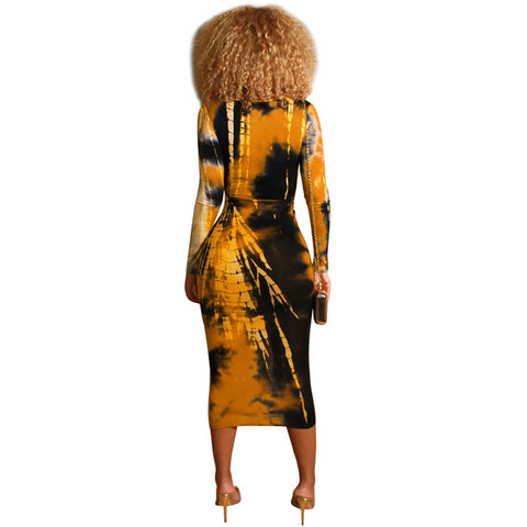 Tie-dye printed V-neck midi dress