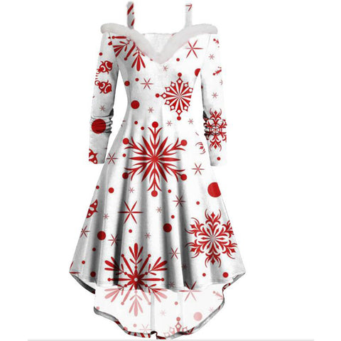 Women's Christmas Long Sleeved Plush High And Low Deep V Off Shoulder Big Swing Dress
