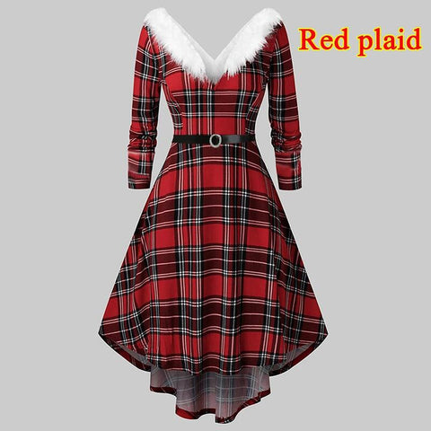 Women's Christmas Long Sleeved Plush High And Low Deep V Off Shoulder Big Swing Dress