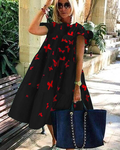 Women's Dress With Printed Loose and Large Round Neck Stitching