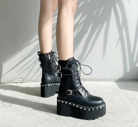 Punk Studded Platform And Fleece Martin Boots