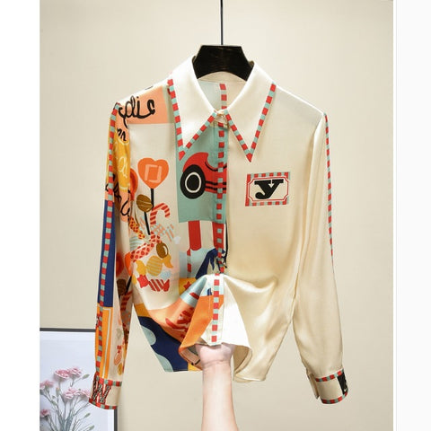 Temperament Long-sleeved New Chiffon Exquisite Lazy Style European Station Print Top