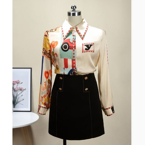 Temperament Long-sleeved New Chiffon Exquisite Lazy Style European Station Print Top