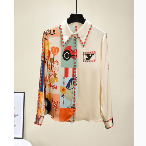 Temperament Long-sleeved New Chiffon Exquisite Lazy Style European Station Print Top