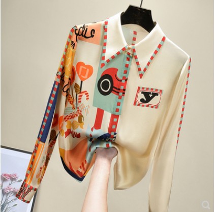 Temperament Long-sleeved New Chiffon Exquisite Lazy Style European Station Print Top