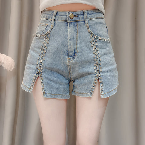 Summer Dress New Style Celebrity Heavy Industry Nail Bead Inlaid Diamond Slim Split Stretch Jeans Women\'s Shorts