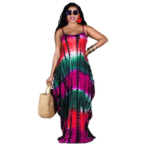 Summer Tie-Dye Printed Loose Sling Dress Long Skirt With Pockets