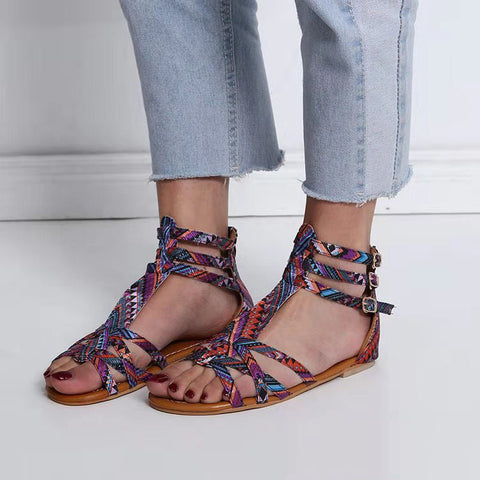 Ladies Ethnic Style Buckle Flat Roman Sandals