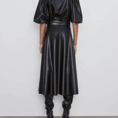 Wide Belt Washed Leather Bust Black Leather Skirt