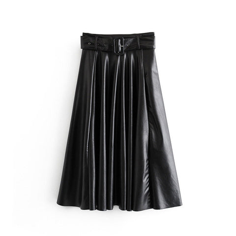 Wide Belt Washed Leather Bust Black Leather Skirt