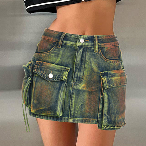 Women's Fashion Color Contrast Washing Tooling Denim Skirt