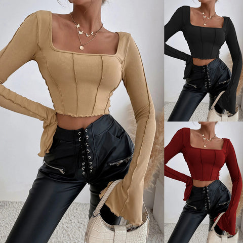 Spring And Summer New Slim Fit Long Sleeve Square-neck Pullover Knitted Top Women