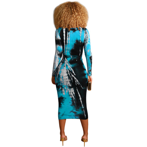 Tie-dye printed V-neck midi dress