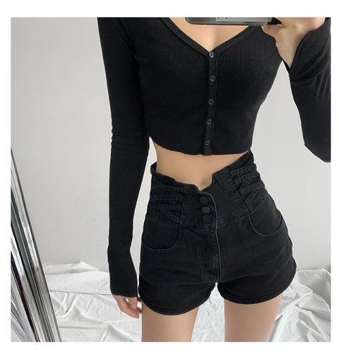 Small Man Waist Cross Woven Super High Waist Tummy Denim Shorts Women