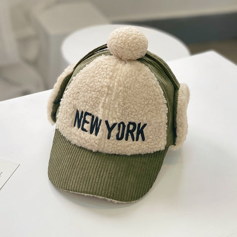 Corduroy color matching children's embroidered warm cap