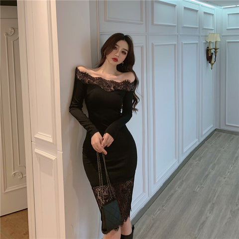 Winter Ladies Off-shoulder Lace Crocheted Midi Dress Slim-fit Sheath Dress For Women