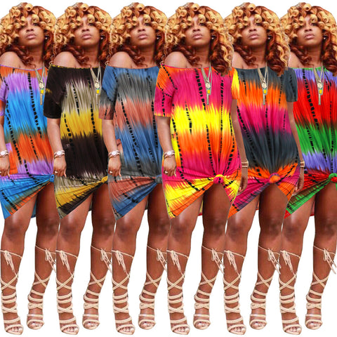 Tie-dye Diagonal Collar Short Sleeve Loose Shirt Dress