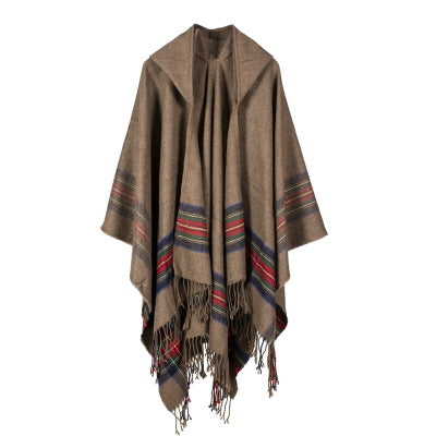 Women's thick color stripsimitation cashmere jacquard shawl can wear warm long fashion hooded cloak