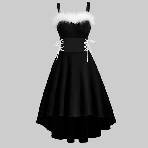 Women's Christmas Long Sleeved Plush High And Low Deep V Off Shoulder Big Swing Dress