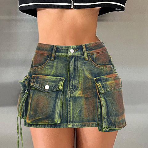 Women's Fashion Color Contrast Washing Tooling Denim Skirt