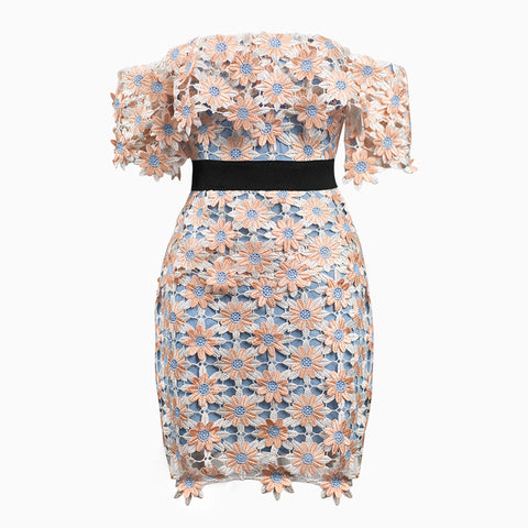 Summer Strapless Flower Three-dimensional Lace Waist Dress