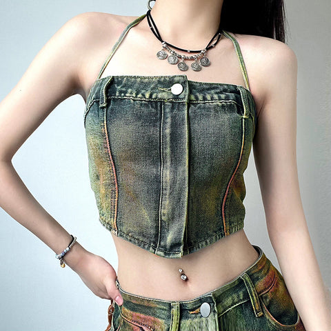 Washed And Worn Zipper Tube Top Denim Vest Women