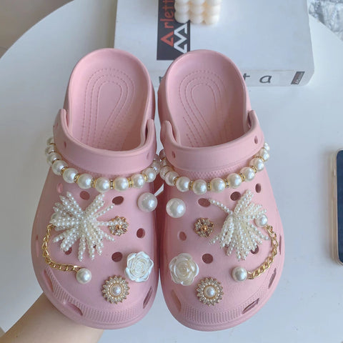 Trendy Hole Shoes Accessories Pearl Flower Chain