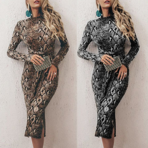 Snake Print Long Sleeve Pack Hip Sexy Slim Dress