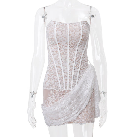 Lace Pattern Tied Slim Fit Mesh Tube Top Dress Women