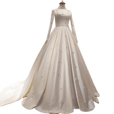 Women's Fashion Temperament Satin Stand-up Collar Long-sleeved Wedding Dresses