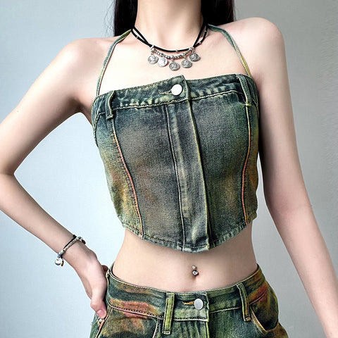 Washed And Worn Zipper Tube Top Denim Vest Women