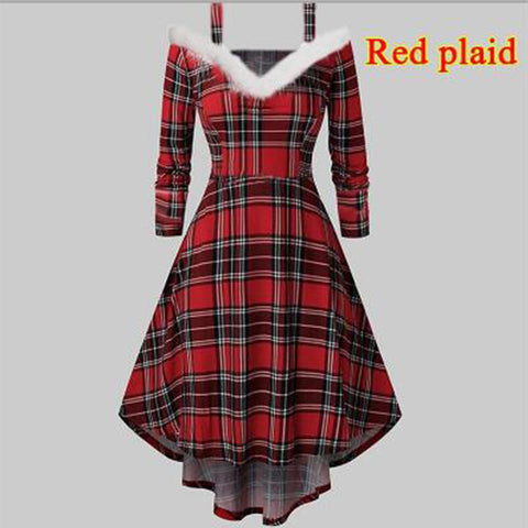 Women's Christmas Long Sleeved Plush High And Low Deep V Off Shoulder Big Swing Dress