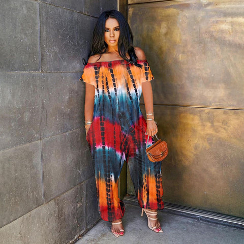 Stylish Loose Tie-Dye One-Shoulder Jumpsuit