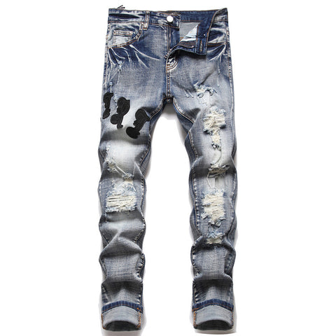 Retro Blue Ripped Slim Elastic Printing Printing And Dyeing Feet Men's Jeans