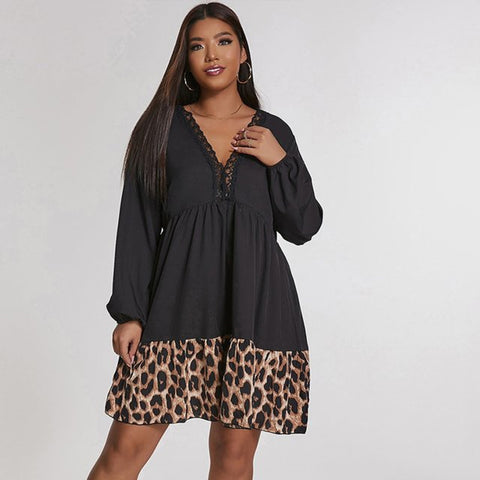 Women Plus Leopard Print Tunic Midi Shirt Dress