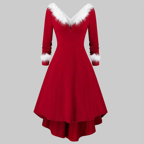 Women's Christmas Long Sleeved Plush High And Low Deep V Off Shoulder Big Swing Dress