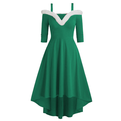 Women's Christmas Long Sleeved Plush High And Low Deep V Off Shoulder Big Swing Dress