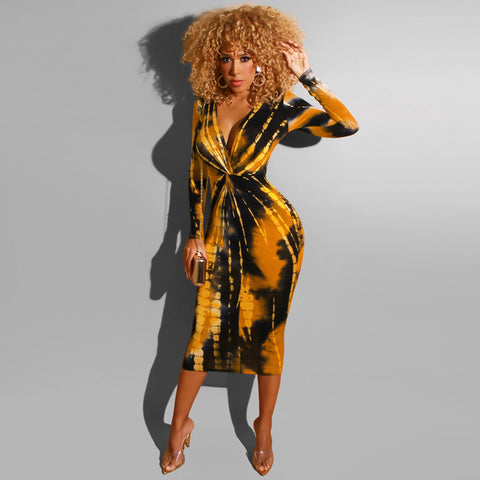 Tie-dye printed V-neck midi dress
